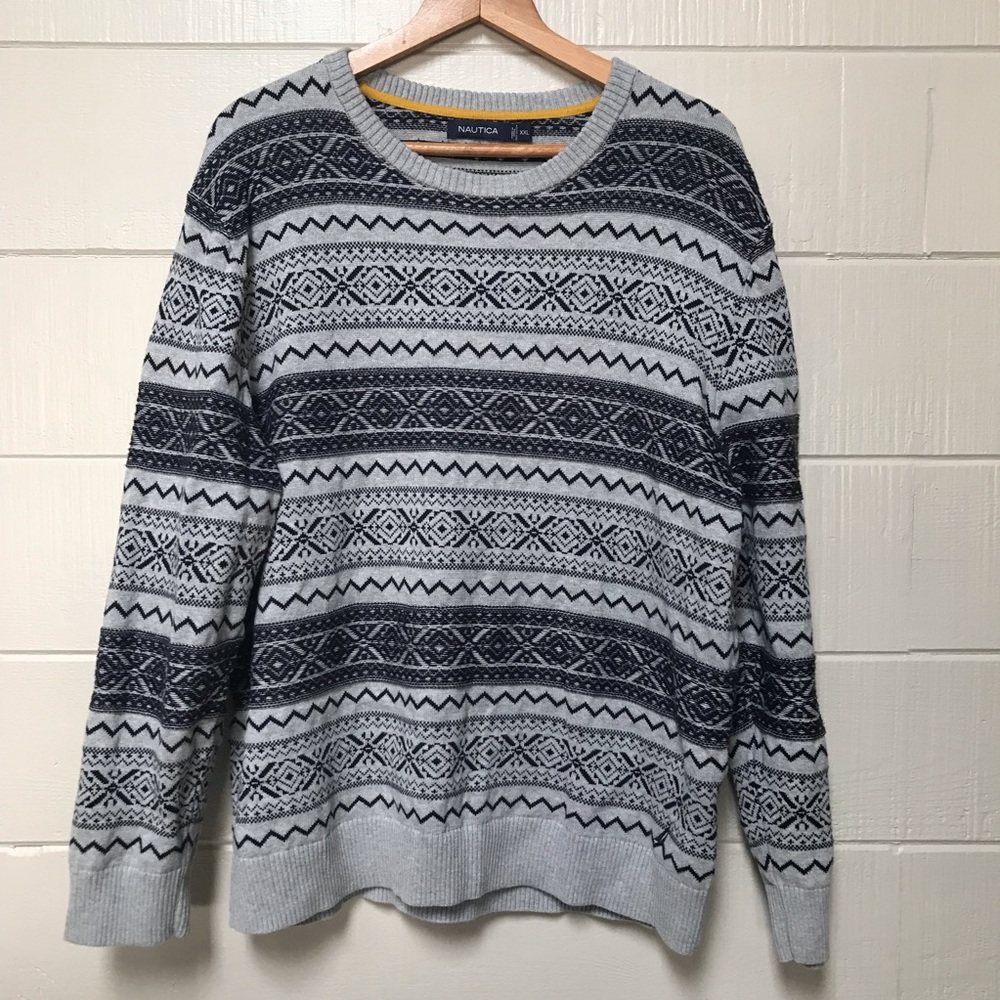 Nautica • Fair Isle Print Gray & Dark Blue Sweater